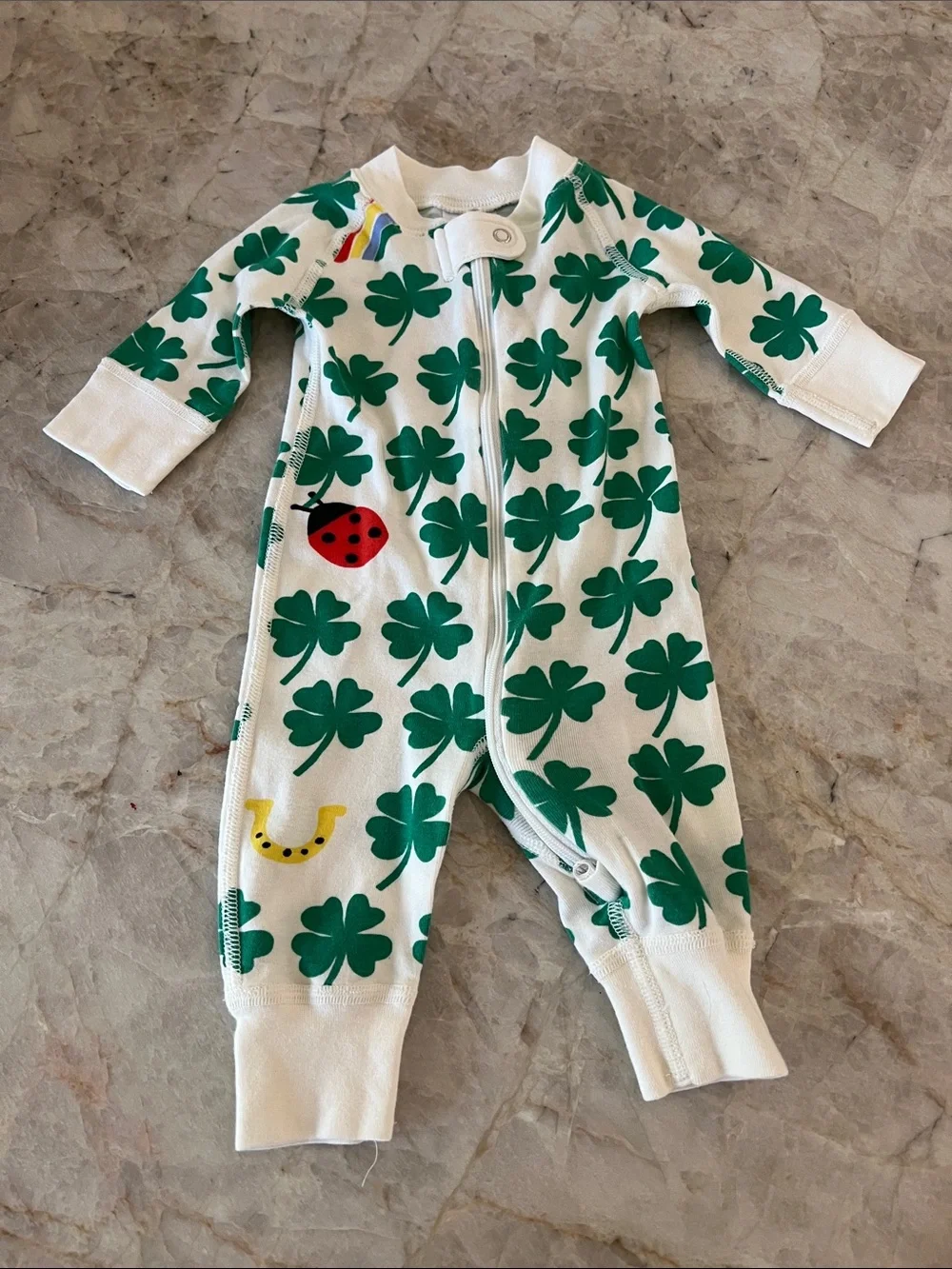Hanna Andersson Cream Footie with Green Clover Print